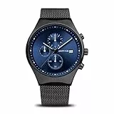 BERING 18842-227 Reloj de cuarzo para hombre con caja de acero inoxidable de 42 mm con acabado negro y esfera azul, correa milanesa, cristal de zafiro y resistencia al agua de 3 ATM