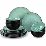 vancasso Vajillas Completas para 4 Personas Juego de Vajilla de 12 piezas de Gres de Doble Esmalte - 4 Cuencos (710 ml), Platos de Postre (22 cm) y Platos Llanos (26,9 cm) - Verde, Serie BUBBLE