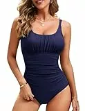 Vancavoo Bañador de Una Pieza Mujer Reductores Traje de Baño de Pliegues Cintura Alta Cuello en U Bañadores Push Up Ropa de Baño de Playa de Chaleco(Azul,XL)
