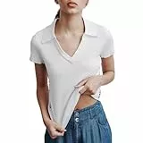 DKNY Polo de Manga Corta con Logo Lateral y Cuello en V, White Black Combo, S Mujeres