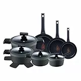MasterPRO Gastro Reeco | Set de 11 Piezas 3 Cacerolas de 20, 24, 28 cm y Cazo de 16 cm con Tapa| Indicador Temperatura | Aluminio Fundido Reciclado | Antiadherentes | Apto para todo Tipo de Cocinas