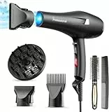 HappyGoo Secador de pelo iones profesional, Secadores Iónico con 1 difusor, 2 boquillas peinado, 3 niveles calor y 2 velocidades, Hair Dryer Rápido Secado Cabello