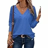 TcIFE Blusas para mujer, elegante y elegante, manga larga, camiseta para mujer, cuello en V y blusas de corte de encaje, A-1 Azul, L