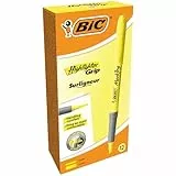 BIC Highlighter Grip, Subrayadores Fluorescentes con la Tecnología Antisecado, Óptimo para Uso Escolar y de Oficina, Amarillo, Paquete de 12