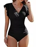 Vancavoo Bañadores Mujer Reductores Una Pieza Bañador Trajes de Baño con Escote en V Bandeau Sin Espalda Push Up Ropa de Baño Manga con Volantes,Negro,S