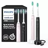 Philips Sonicare 3100, cepillo dental eléctrico, cepillo dental sónico, sensor de presión y temporizador, rosa chicle y negro, pack doble, HX3675/15