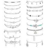 ZXTGBQ 20PCS Tobilleras De Plata Para Mujer, Tobillera Con Cuentas JoyeríA Para La Playa, Boho Tobillera Pulsera Plata, Accesorios De JoyeríA Para Mujeres Y Chicas, Ajustable 22+5cm