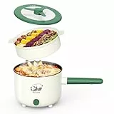 Olla eléctrica con vaporera, sartén antiadherente portátil multifuncional con doble control de potencia, olla eléctrica Shabu-Shabu para avena, fideos y ramen, 1.5L (verde A)