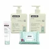 Suavinex, Pack Cosmética Bebé con Gel Champú Suave 500 ml + Crema Hidratante 500 ml + Pomada Pañal 50 ml + Toallitas 25 uds. Apto Pieles Sensibles, Recién Nacidos, 93-95% Ingredientes Origen Natural