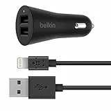 Belkin cargador para coche doble de 4,8 A con cable Lightning, para iPhone 12, 12 Pro, 12 Pro Max, 12 mini, XS Max, XS, XR, X, 8, 8 Plus, 7, 7 Plus y otros, negro