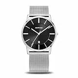 BERING 13139-002 Reloj de cuarzo para hombre con caja de acero inoxidable plateado de 39 mm y esfera negra, correa milanesa, cristal de zafiro y resistencia al agua de 5 ATM