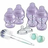 Tommee Tippee Kit de Biberones Recién Nacido Anticólico, Tetina con Forma de Pecho y Sistema de Aireación Anticólico, Tamaños Mixtos, Púrpura