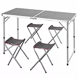 AKTIVE 63161 Mesa Plegable de Aluminio con 4 taburetes de Acero, Altura Regulable 60-70 cm, Superficie 120 x 60 cm, Acabado Gris, diseño portátil con asa para Camping, Playa y jardín