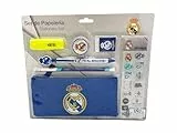 CYPBRANDS Real Madrid, Set de Papelería, Portatodo, Lápiz, Goma, Sacapuntas, Bolígrafo, Subrayador, Pegatinas, Color Azul, Producto Oficial