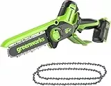 Greenworks 24V Mini Motosierra 10cm Motosierra a batería sin cable sin batería ni cargador, velocidad de cadena de 7,8 m/s, + Cadena de Sierra de 2 piezas para barras de 4 pulgadas (10 cm)
