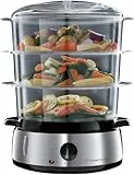 Russell Hobbs 19270-56 - Vaporera de 3 recipientes con temporizador, 800 W, incluye cubeta para arroz, color negro y plateado, libre de BPA