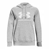 Under Armour UA Rival Fleece Big Logo Hoodie Sudadera para mujer de corte suelto, cómoda sudadera con capucha y logotipo, color gris claro jaspeado/blanco