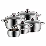WMF Quaity One - Batería de Cocina 5 Piezas, Acero Inoxidable Apto para Inducción, 1 Cacerola Baja de 20 cm, 3 Cacerolas Altas de 16 cm, 20 cm y 24 cm, 1 Cazo 16 cm con 4 Tapas de Cristal
