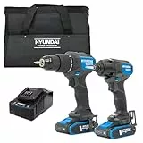 Hyundai Juego de taladro inalámbrico de 20 V, taladro de martillo de 60 Nm y destornillador de impacto de 230 Nm, kit sin escobillas con 2 baterías de 2.0 Ah, cargador de 2 A