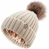 FURTALK Beanie Sombreros Mujeres Raso Forrado Gorro de Punto Pompón Desmontable Sensación Suave Gorro de Invierno Transpirable para Las niñas