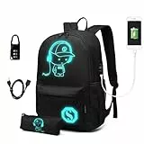 Kono Mochila Escolar Adolescentes con Puerto USB, Antirrobo con Candado, Impermeable y Ligera, para Portátil de 15,6”, Diseño Anime Luminoso, Universidad e Instituto, Unisex - Negro