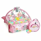 Bright Starts Gimnasio de actividades evolutivo 5-en-1 rainbow tropics, 7 juguetes, almohadilla para bebés, desarrollo de las habilidades motoras, Rosa Claro, 43 Unidad (Paquete de 1)