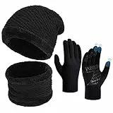 Invierno Gorra Bufanda Guantes Set - Tejer Lana Polar Cuello Cálidos Beanie Capa Gorros Pantalla Táctil Mitones para Hombre Mujer Disfraz Moto Ciclismo Bici Deportes Frio Esqui Nieve Snowboard Navidad