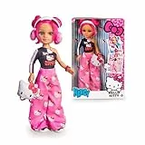 Nancy Fashion Hello Kitty - Muñeca de Moda Urbana con Cabello Rosa en Moños, Outfit Trendy con Camiseta Negra y Pantalones Anchos, Incluye Mochila y Auriculares, +3 años, Famosa (NACA9000)