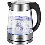 Aigostar Chubby - Hervidor de Agua Eléctrico de Vidrio Borosilicato, Hervidora de Cristal Acero Inoxidable con Iluminación LED, 1,7 litros, 2200 W, Apagado Automático, Filtro Extraíble, Libre de BPA