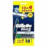 Gillette Blue3 Smooth Maquinillas Desechables Para Hombre, Tres Hojas De Afeitar Con Cabezal Pivotante 40° Y Banda Lubricante, 12+4 GRATIS (Total 16 Uds)