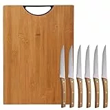 Bergner Tabla de cortar 35x25x3.0 cm black bamboo colección Neon con set de 6 cuchillos de carne en acero inoxidable