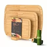 KitchenBoss Tabla de Cortar Cocina Bambu Cutting Board 3 Juegos Tablas de Cocina 38x25cm/33x20cm/25x15cm –Natural Antibacteriano – Multifuncional con Soporte para Cocina, Pan, Carne o Verduras