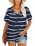 MOLERANI Camiseta de Manga Corta con Cuello en V para Mujer Túnica Casual de Verano (Azul Marino Rayas onduladas, XXL)