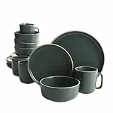 Gibson Home Zuma - Juego de vajilla redonda de cocina de 16 piezas, platos, cuencos, tazas, servicio para 4, gres mate, verde
