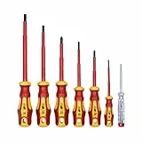Juego de 7 destornilladores aislados y buscapolos de WIESEMANN 1893 I Aprobado por la VDE | Destronilladores para electricistas I Planos y PH I 80218