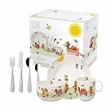 Villeroy & Boch Kiddy Bears Set De Vajilla Infantil, 7 Piezas 7 Piezas Rojo, Apto Para Lavavajillas, Vajilla Niños, Plato, Cuenco, Taza, Cubiertos, Premium Porcelain,Acero Inoxidable