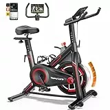 Toputure Bicicleta Estática Profesional con APP Capacitación, Bicicleta Spinning Silenciosa con Pantalla LCD y 15KG Volante, Portavasos Soporte para Asiento y Tableta, Ejercicios en casa, MAX 150 KG