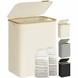SONGMICS Cesto de Ropa Sucia con Tapa, Gran Cesta Colada de 2 Secciones, 130 L, Forro de Malla Extraíble, Tejido Oxford, Asas Bambú, Plegable, 52 x 38,5 x 70,5 cm, Blanco Crema LCB513W01