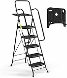 HBTower Escalera 5 Peldaños Plegable con Bandeja Portaherramientas, Escalera Antideslizante de Acero, Capacidad Máxima 150 kg, Ideal para Casa, Garaje y Obra