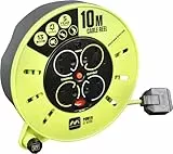 Masterplug Carrete de casete prémium de 4 enchufes con cable de alta visibilidad de 10 metros, carrete de extensión de cable de alimentación resistente, corte térmico e indicador de alimentación