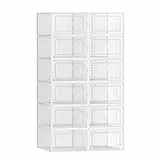SONGMICS Cajas de Zapatos Plástico, Juego de 12 Organizadores de Almacenamiento, Caja Zapatero Plástico Plegable y Apilable para Zapatillas hasta talla 44, Transparente y Blanco LSP12SWT