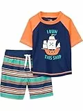 Simple Joys by Carter's Conjunto de bañador y camiseta Niño Pequeño, Azul Marino Naranja Naves/Blanco Rayas, 3 años
