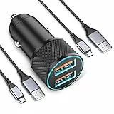 Cargador Coche Mechero USB, 36W Rapida Cargador Movil Coche con 2X USB Tipo C Cable Nailon, 12V Adaptador Carga Accesorios para iPhone 17 Air 16 16e 15 Pro Max, Samsung Galaxy S25 Ultra S24 S23, Pixel