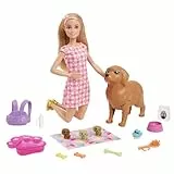Barbie Perritos recién Nacidos Muñeca Rubia con Perrito y Accesorios de Juguete, Regalo para niñas y niños +3 años (Mattel HCK75)