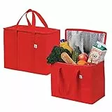 VENO Pack de 2 Bolsas Térmicas para Comida, Bolsa Porta Alimentos Grande con Asas, Cierre y Tapa, Bolsa Nevera Térmica de Delivery, Compra Sostenible,Reutilizable, Plegable (Rojo,Pack de 2)