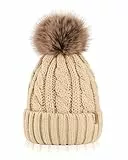 FURTALK Gorro de invierno para mujer, algodón, forrado, piel sintética, pompones, sombreros para mujer, manta de cráneo de punto cálido, Humo Gris, Talla única