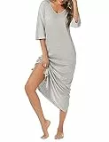 Uniexcosm Camison Mujer Algodon, Camisones Largos Mujer Camisón de Mujer con Cuello en V Camison de Mujer para Dormir con Bolsillos Manga 3/4 Camisón Vestido C:Gris Claro 3XL