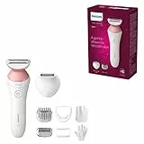 Philips Afeitadora de Mujer Serie 6000, 6 accesorios, Incluye Perfilador Bikini, Guante Exfoliante, Peine Guia y Cepillo de Limpieza, BRP146/00, Blanco