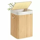 SONGMICS Cesto Ropa Sucia, 95 L, Cesta Colada, con Tapa, Bambú, con Asas, Plegable, Bolsa Interior Extraíble y Lavable a Máquina, para Lavandería, Dormitorio, Natural LCB0060Y01