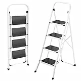 HBTower Escalera 4 Peldaños Plegable – Acero Resistente, Pedales Antideslizantes, Altura de Trabajo 94 cm, Carga 150 kg, Sin Montaje – para Cocina, Garaje, Oficina